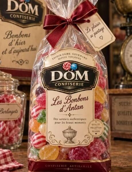 Sachet transparent Dom Confiserie rempli de bonbons à l'ancienne, ruban bordeaux