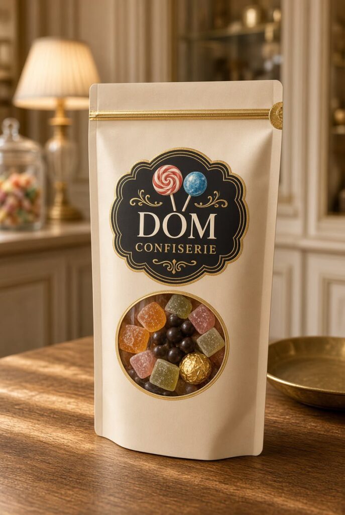 Sachet kraft ivoire Dom Confiserie avec fenêtre sur des pâtes de fruits et des dragées